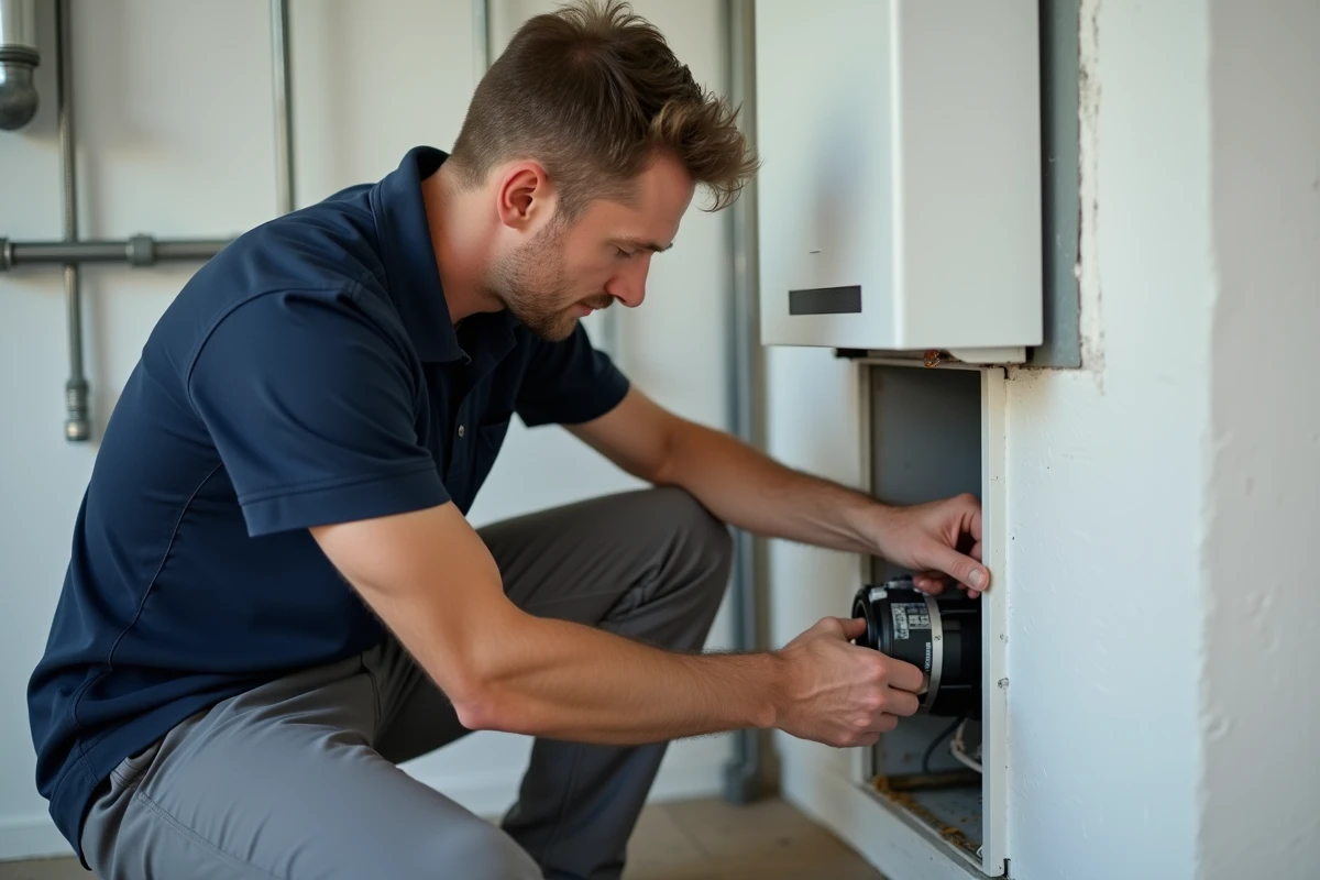 Technicien en train de raccorder un conduit de ventilation flexible dans une salle technique résidentielle