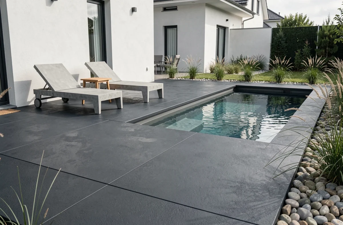 Terrasse extérieure en béton peint anthracite autour d'une piscine moderne avec mobilier de jardin épuré