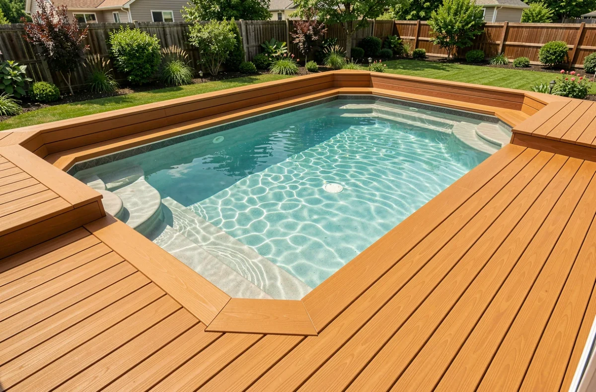 Terrasse surélevée en bois composite intégrant une piscine hors sol au niveau du plancher