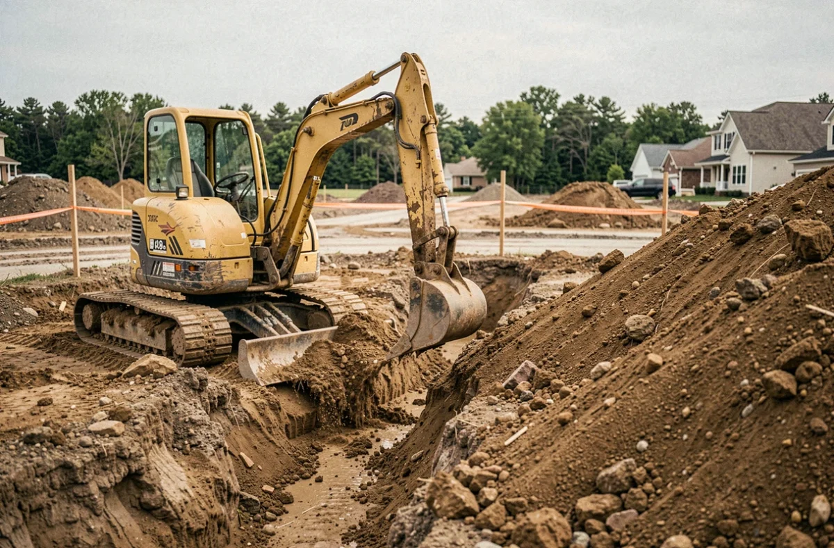Pelleteuse réalisant un terrassement pour la pose d'une dalle béton sur terrain résidentiel