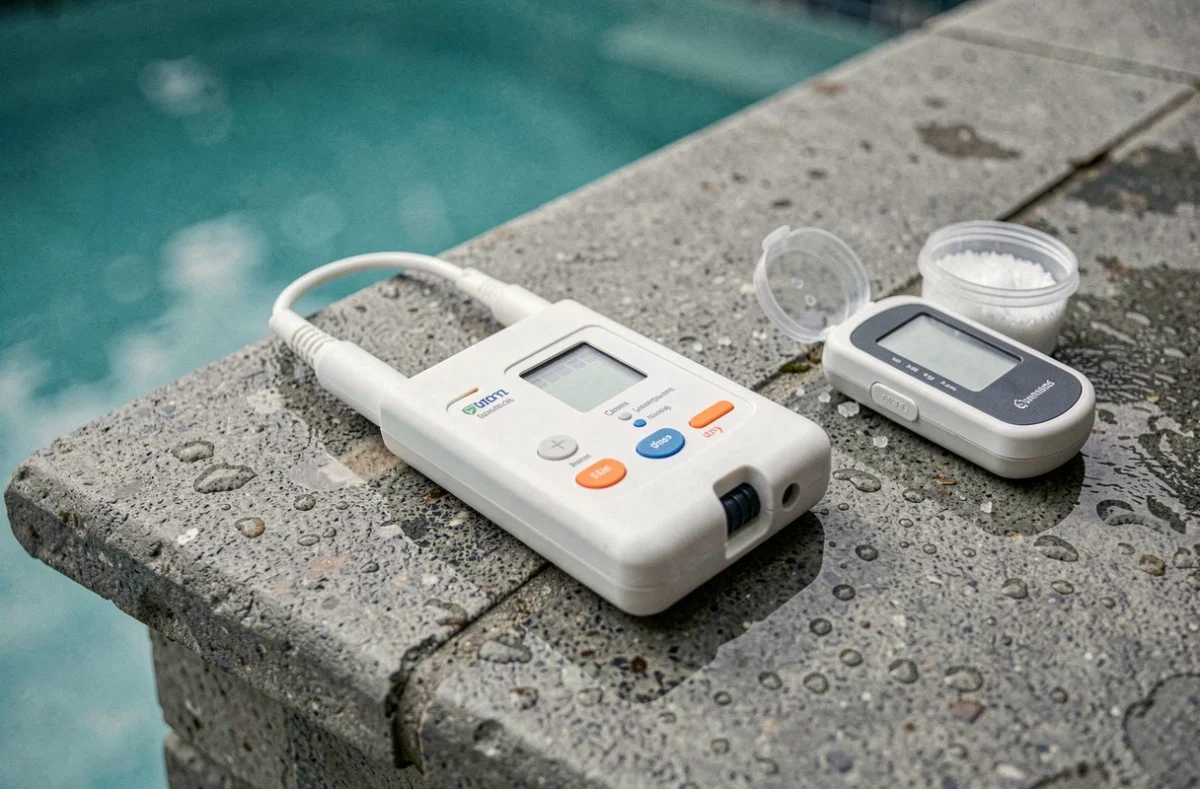 Kit de test de piscine et chlore choc posés au bord d'une piscine au sel