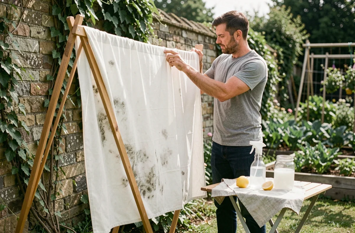 Homme étendant un rideau en coton traité contre la moisissure à l'extérieur avec des produits naturels comme le vinaigre blanc et le citron