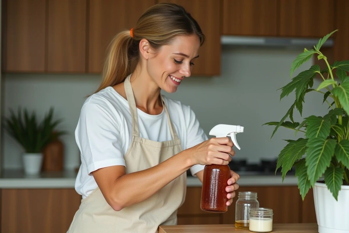 Femme appliquant un traitement naturel contre les insectes rouges sur une plante d'intérieur dans une cuisine