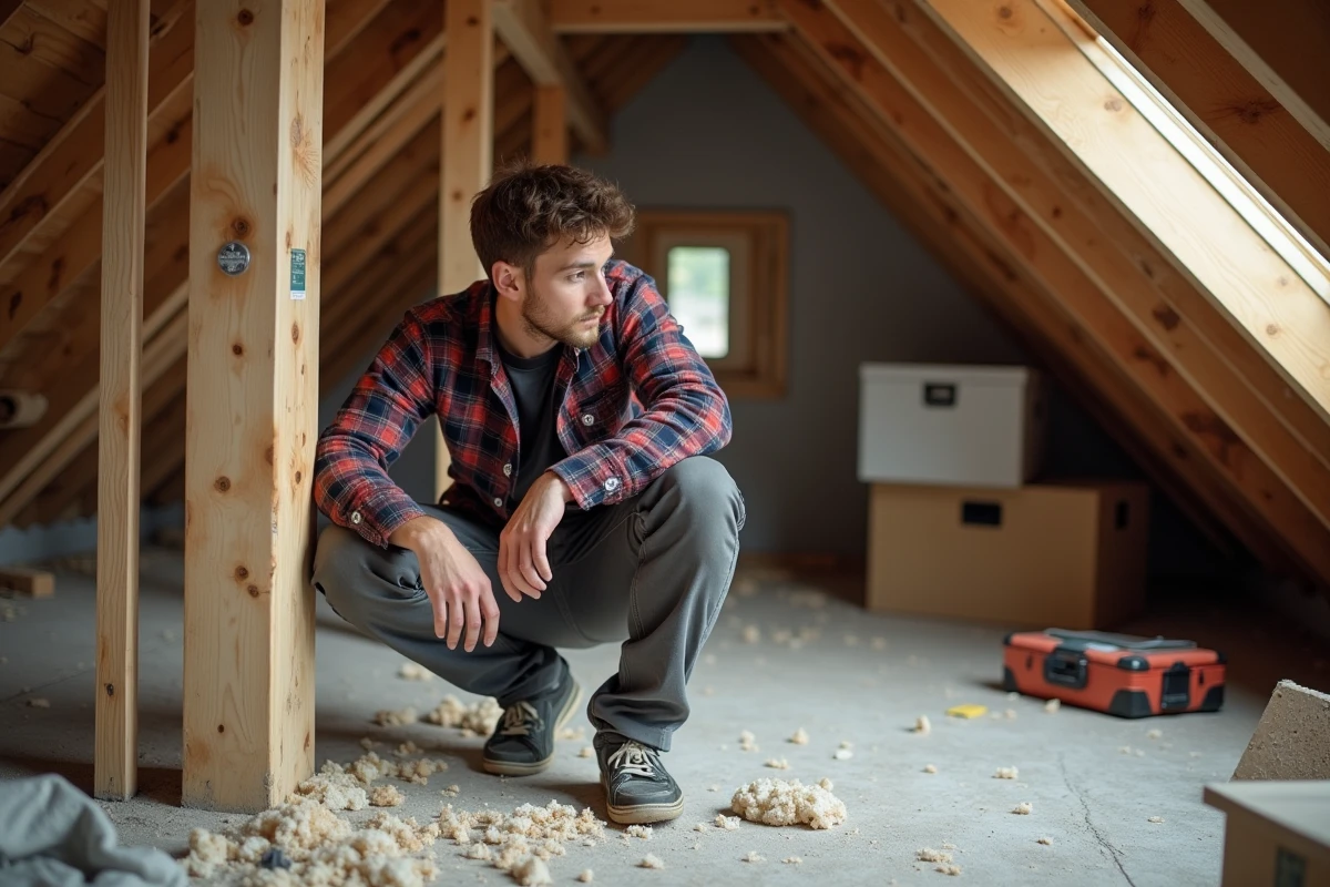 Jeune homme inspectant une poutre dans un grenier en construction