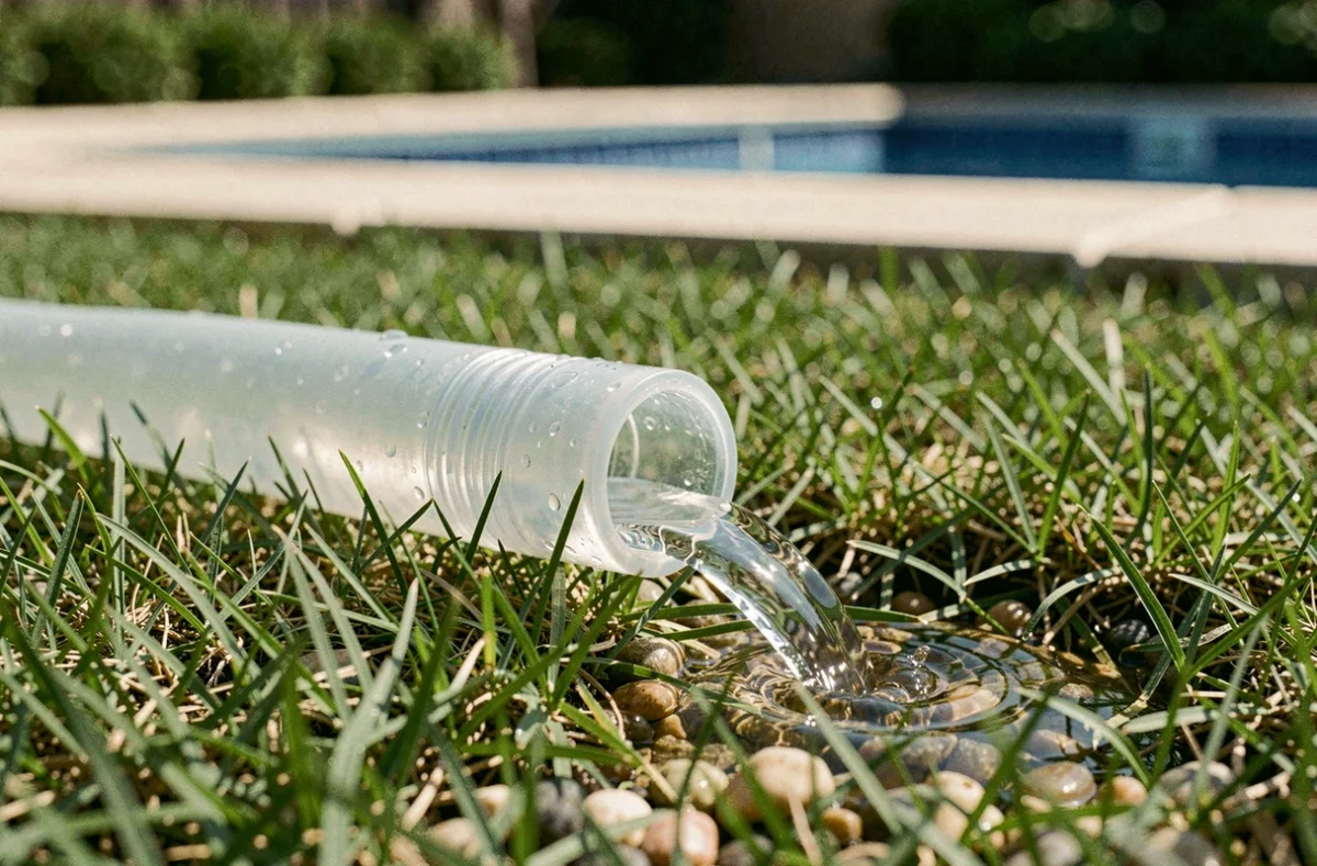 Gros plan sur un tuyau de vidange de piscine déversant de l'eau sur une pelouse de jardin