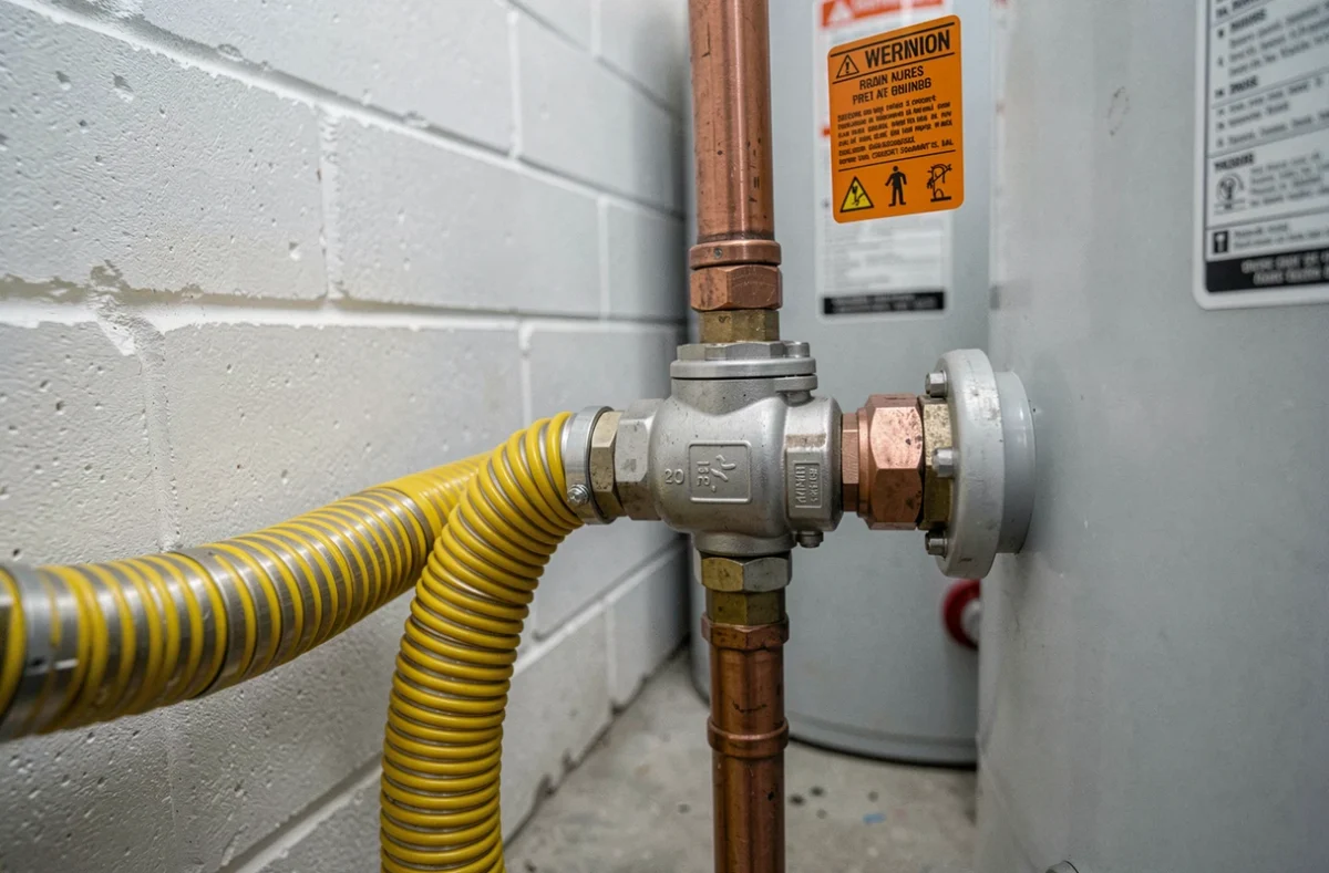 Tuyauterie gaz flexible en acier inoxydable et robinet d'isolement dans une chaufferie de maison individuelle