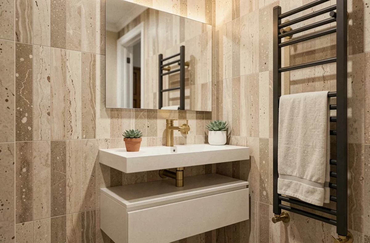 Vasque suspendue avec rangement intégré et miroir dans une petite salle d'eau