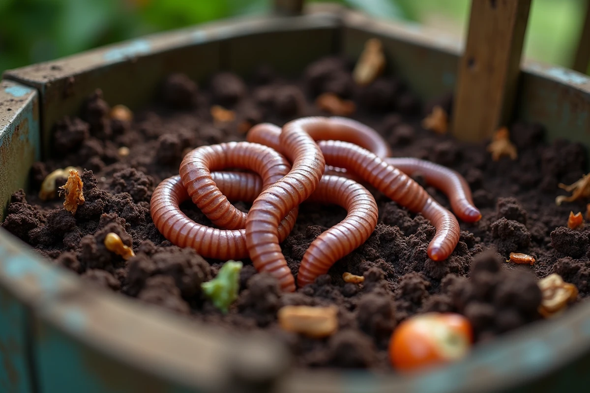Groupe de vers de compost dans la matière organique