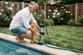 Homme vidant une piscine avec une pompe de refoulement vers son jardin en été