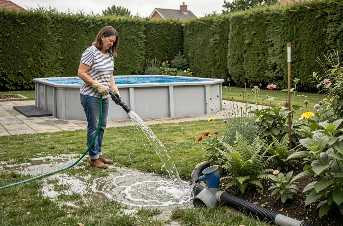 Femme dirigeant l'eau de vidange d'une piscine vers un massif de fleurs dans son jardin