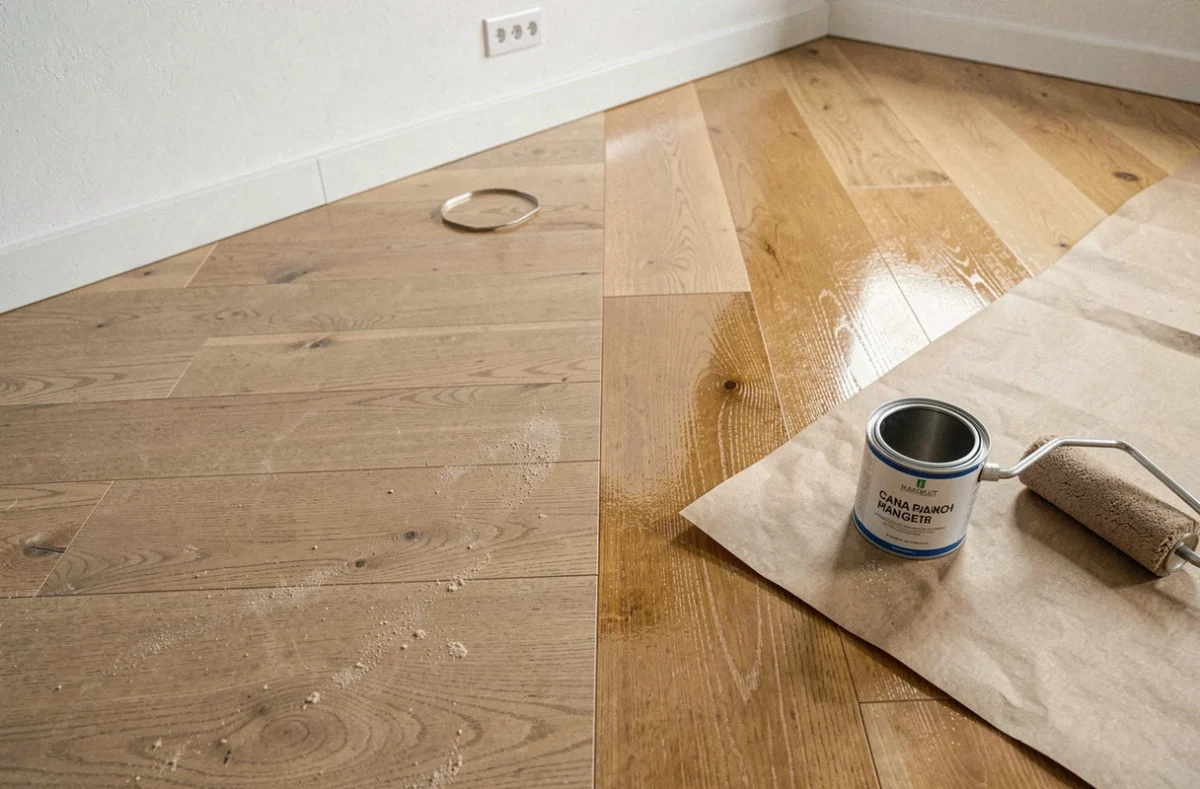 Comparaison entre parquet brut non vitrifié et parquet vitrifié avec vernis satin en cours d'application