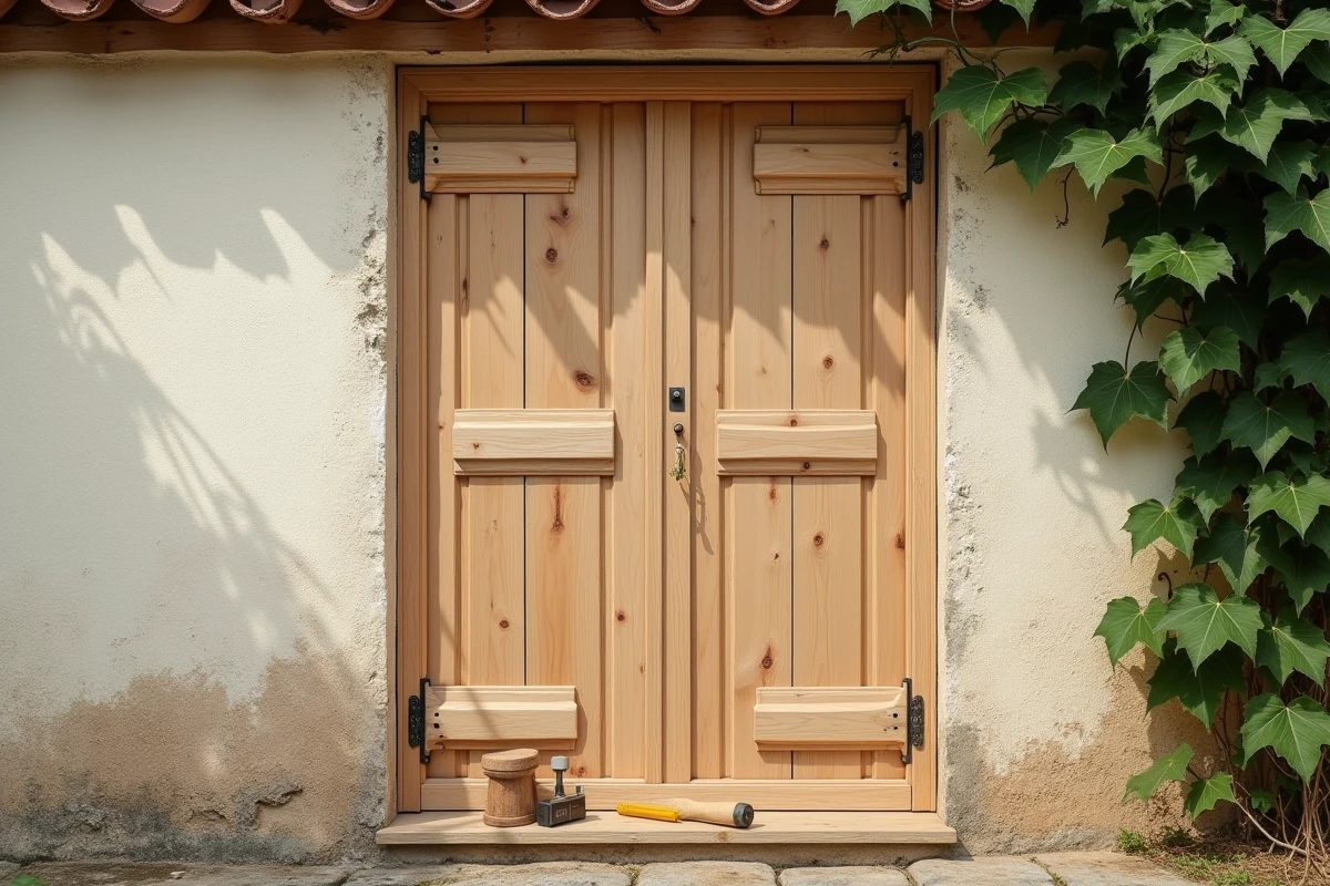 Volets en bois faits main appuyés contre un mur extérieur en pierre avec outils de menuiserie traditionnels