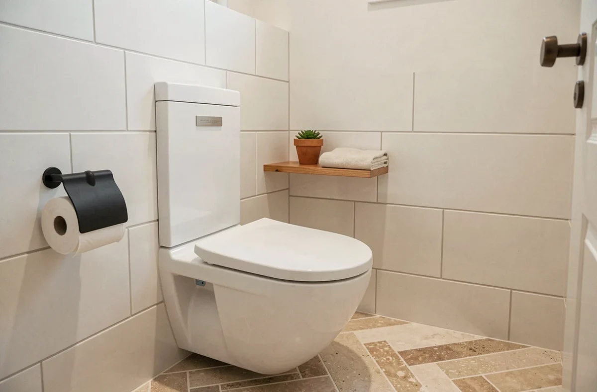 WC suspendu rénové avec carrelage moderne et décoration minimaliste dans un appartement parisien