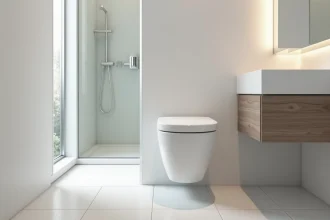 WC suspendu compact installé dans une salle de bain étroite de 60 cm avec réservoir encastré et carrelage blanc mat
