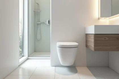 WC suspendu compact installé dans une salle de bain étroite de 60 cm avec réservoir encastré et carrelage blanc mat