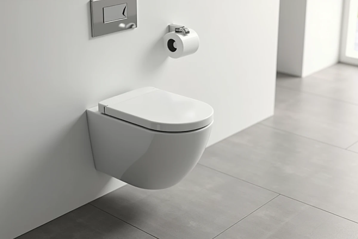 Vue en détail d'un WC suspendu à faible profondeur de 48 cm avec plaque de déclenchement chromée sur bâti-support blanc
